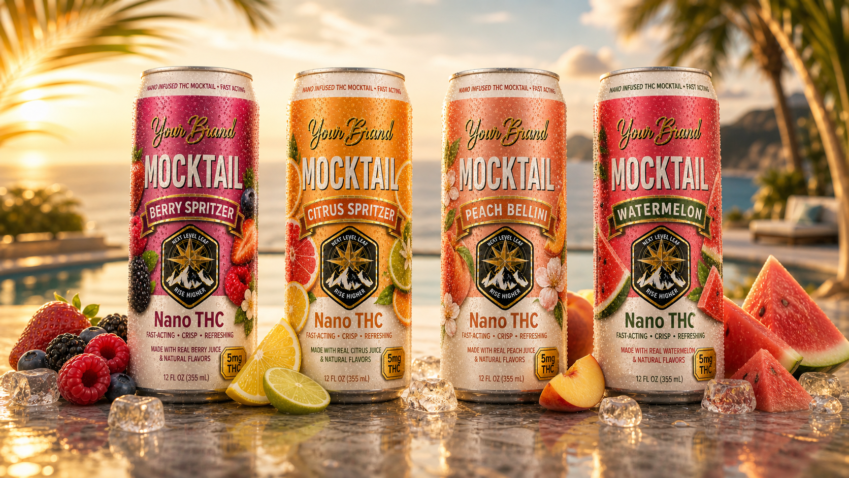 premium THC beverage cans for a white-label THC mocktail brand